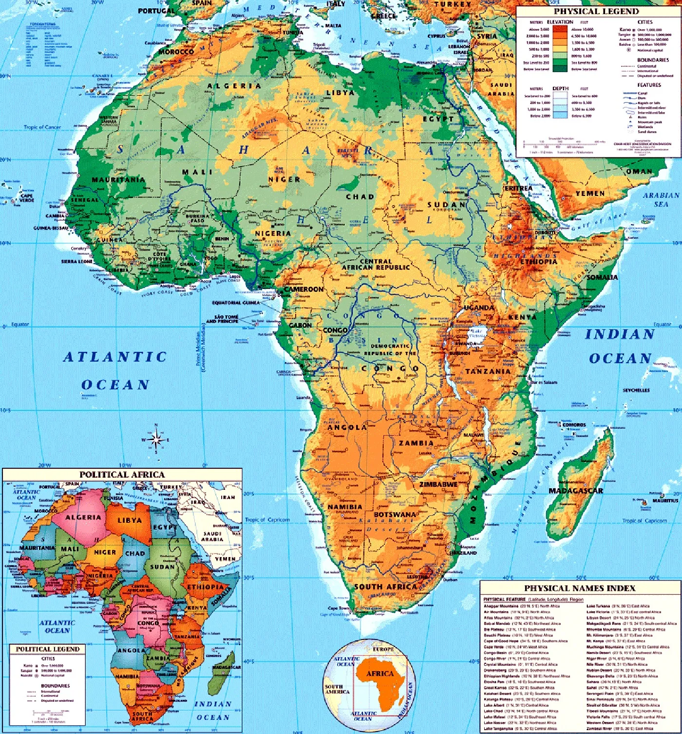 physical map of africa large size detailed